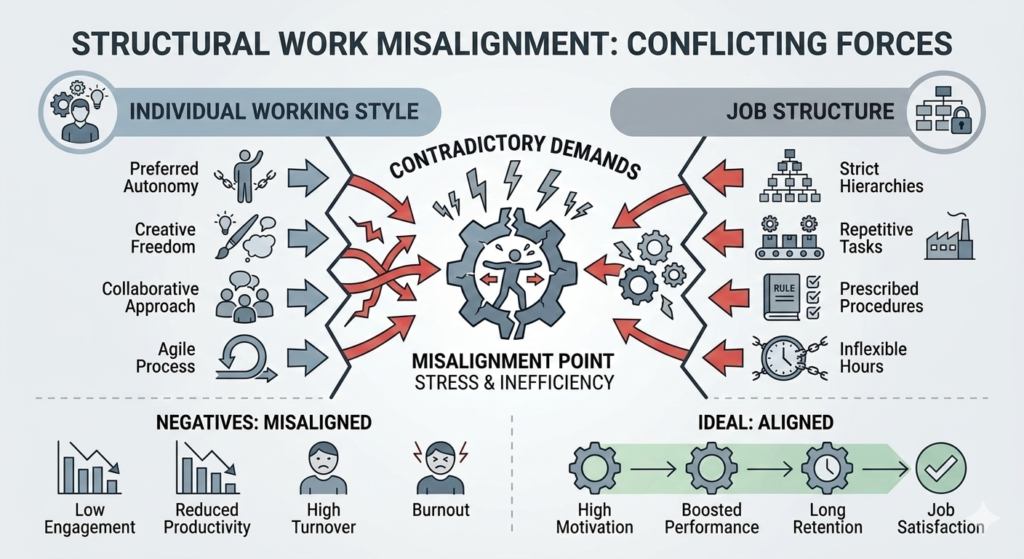 work-misalignment-signs diagram showing structural misalignment between person and work environment